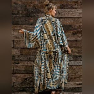 New Boho Aztec Tribal Print Kimono Duster Maxi Cardigan Blue Tan Black